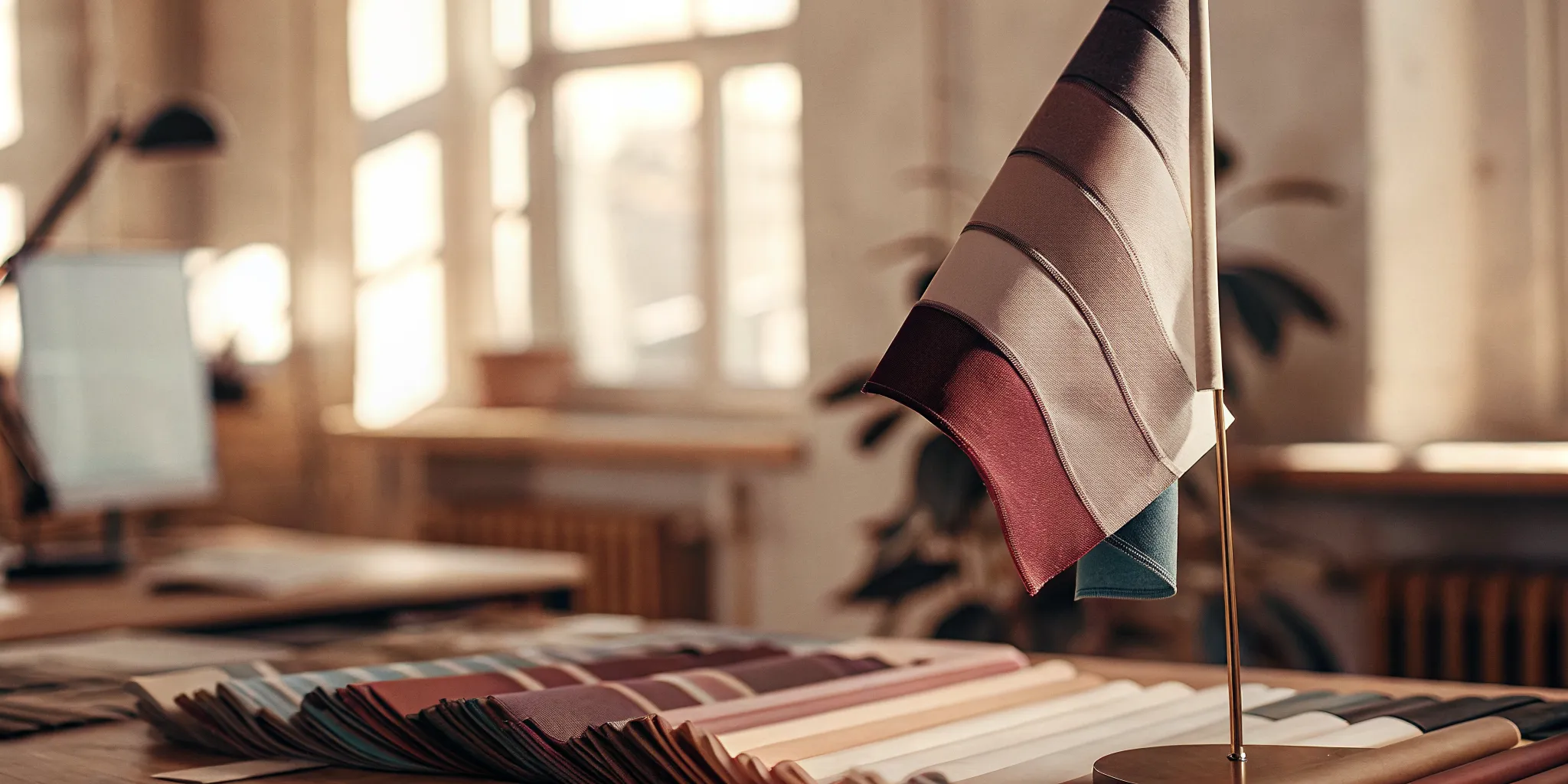 Color swatches and fabric samples for designing a custom feather flag.