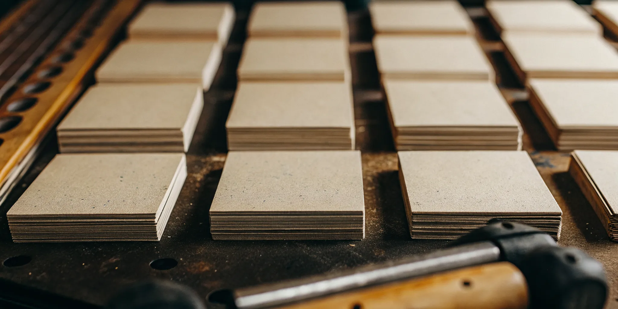 Custom kraft business card printing with stacks of blank card stock.