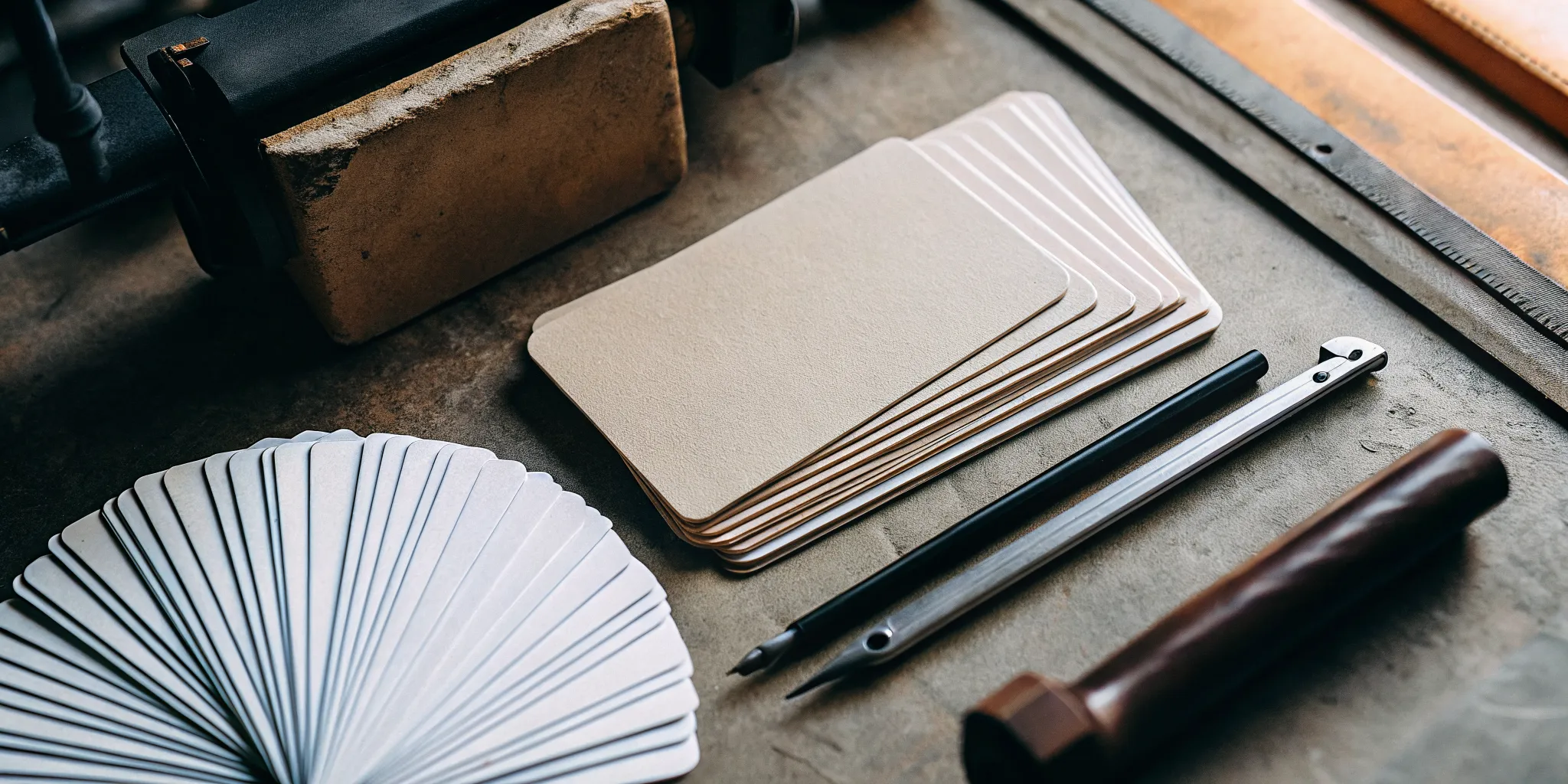 A stack of printable business cards on rustic kraft paper.